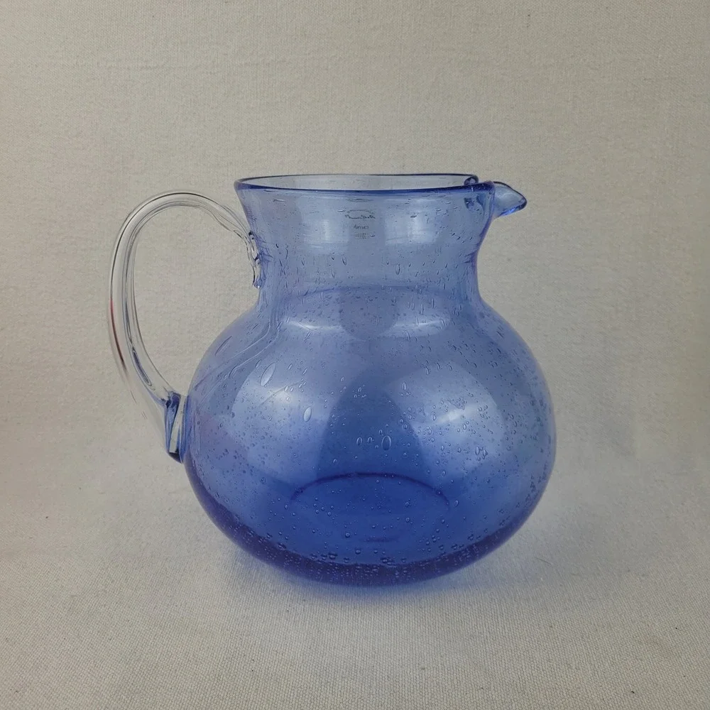 Artland Iris Blue Bubble Glass Pitcher Handblown Seeded Glass Round‎ 7
